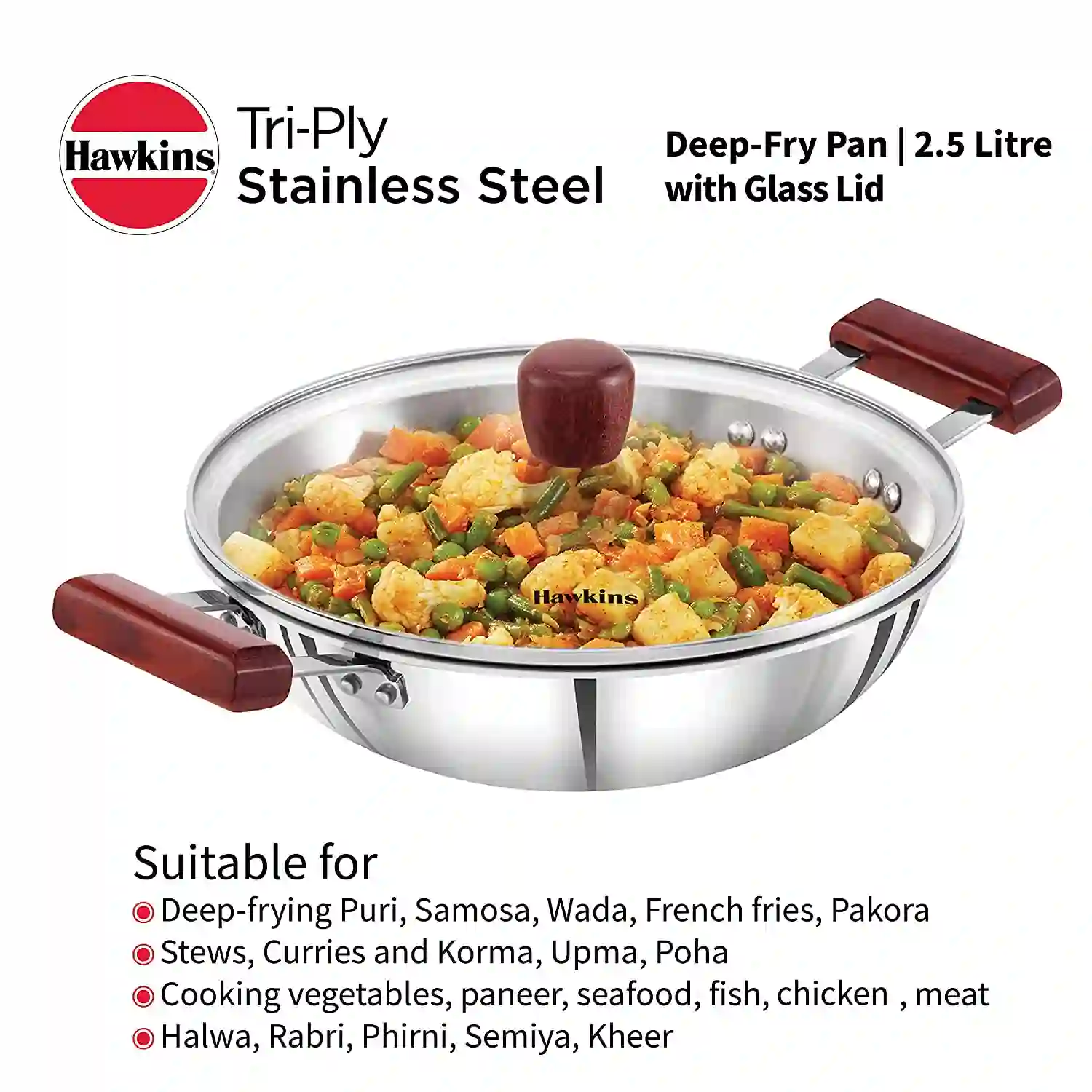 Best Tri Ply Stainless Steel Cookware In India 2023 3 Hawkins 2.5 Litre Deep Fry Pan Triply Stainless Steel Kadai with Glass Lid