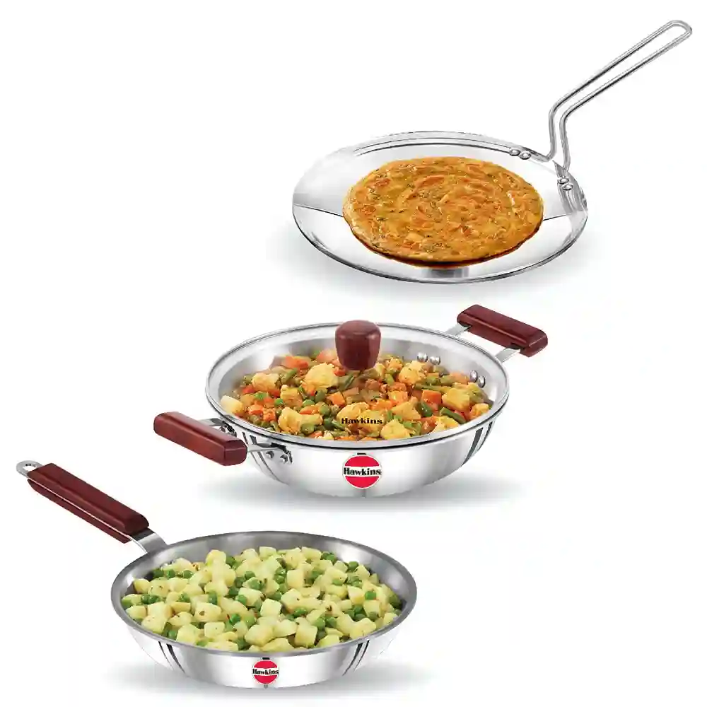 Best Tri Ply Stainless Steel Cookware In India 2023 5 Hawkins Triniti 3 Pieces Triply Stainless Steel Cookware
