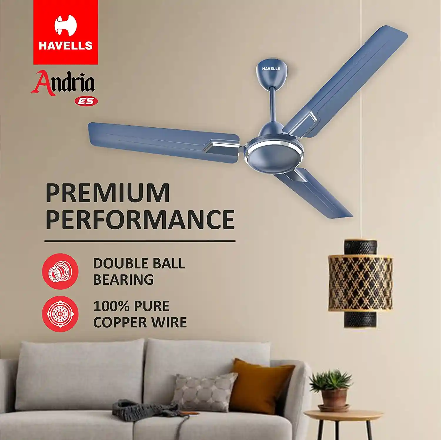 Havells 1200mm Andria Energy Saving best silent Ceiling Fan in india Indigo Blue