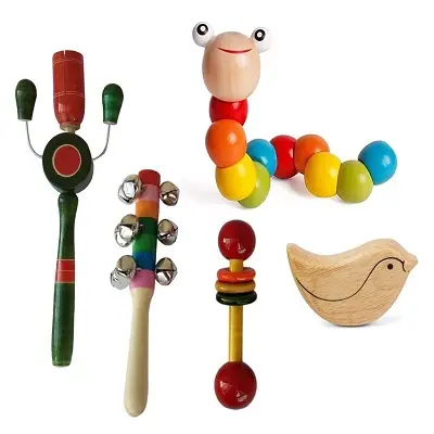 Best Wooden Toys India | Channapatna Toys | Wooden Montessori Toys 2 Channapatna Toys Set of 5 Wooden Rattles Shakers